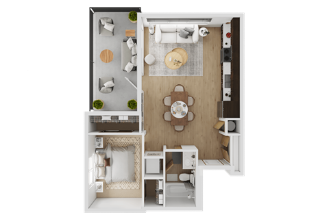 A top-down view of a small apartment with a living room, kitchen, and bedroom  at Spyglass Hill Apartments, Bremerton, 98337